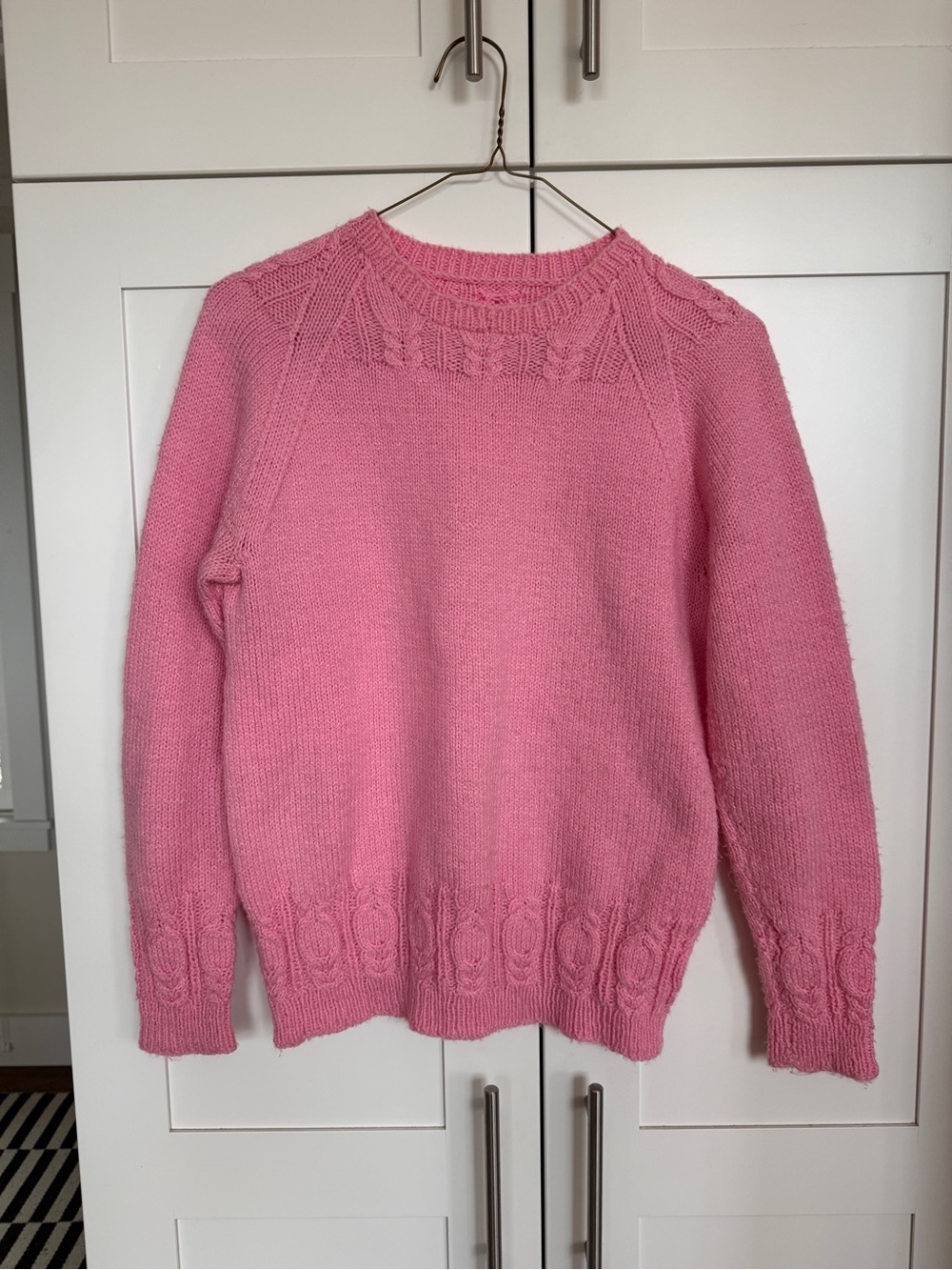 Hand knit Pink Cable-Detail Crewneck Sweater